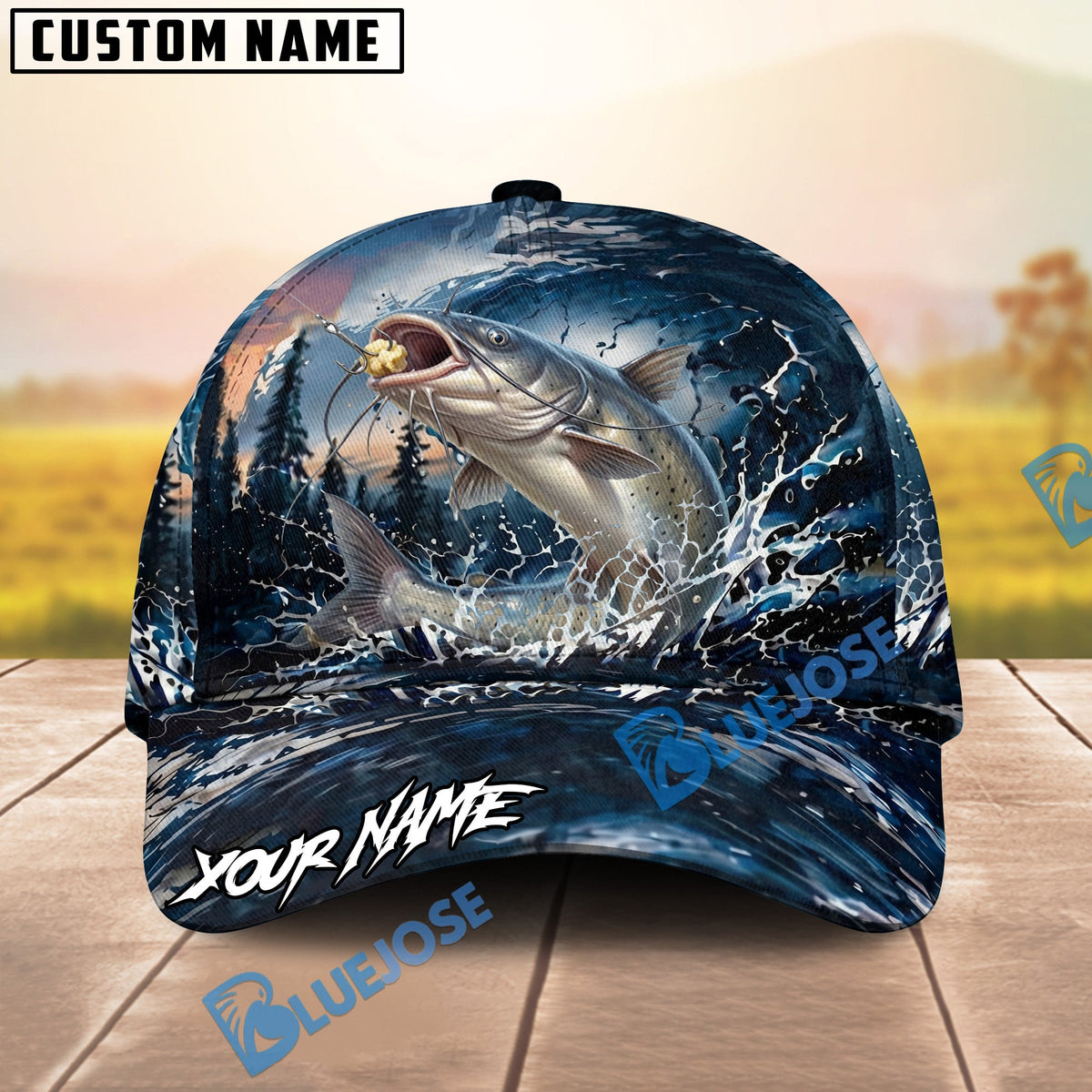 BlueJose Fishing Dark Blue Ocean Splash Personalized Name Classic 3D Cap (13 Breeds)