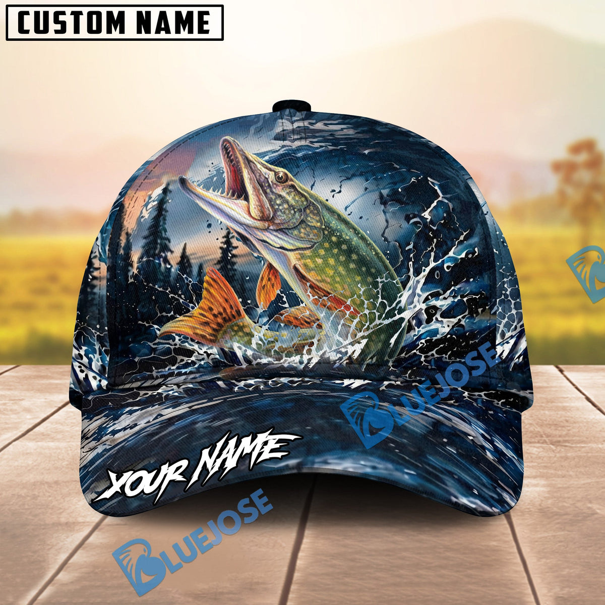 BlueJose Fishing Dark Blue Ocean Splash Personalized Name Classic 3D Cap (13 Breeds)