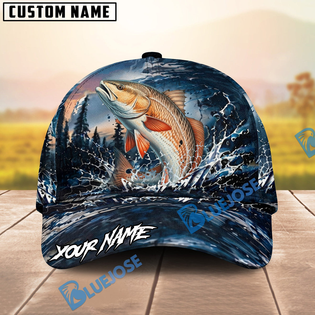 BlueJose Fishing Dark Blue Ocean Splash Personalized Name Classic 3D Cap (13 Breeds)