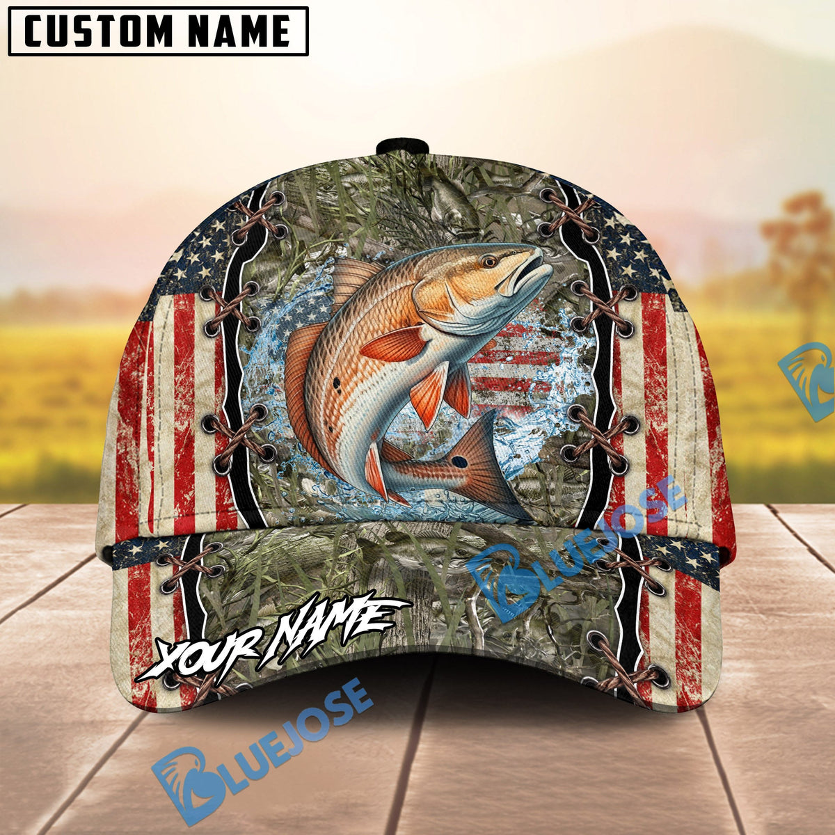 BlueJose Fishing Vintage USA Camo Design Personalized Name Classic 3D Cap (13 Breeds)