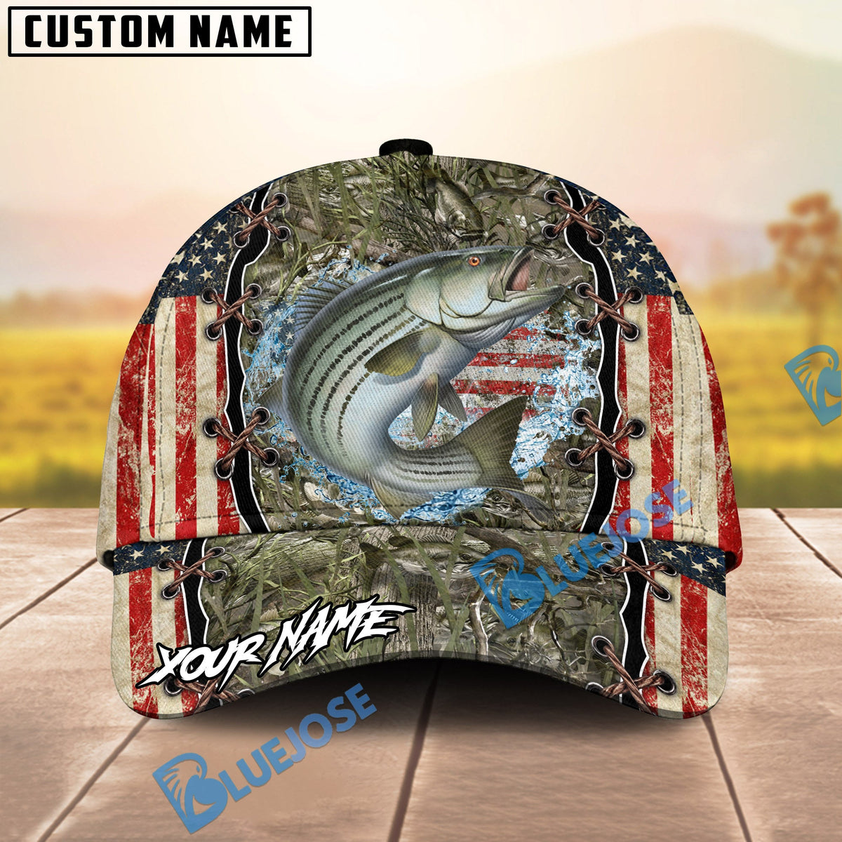 BlueJose Fishing Vintage USA Camo Design Personalized Name Classic 3D Cap (13 Breeds)