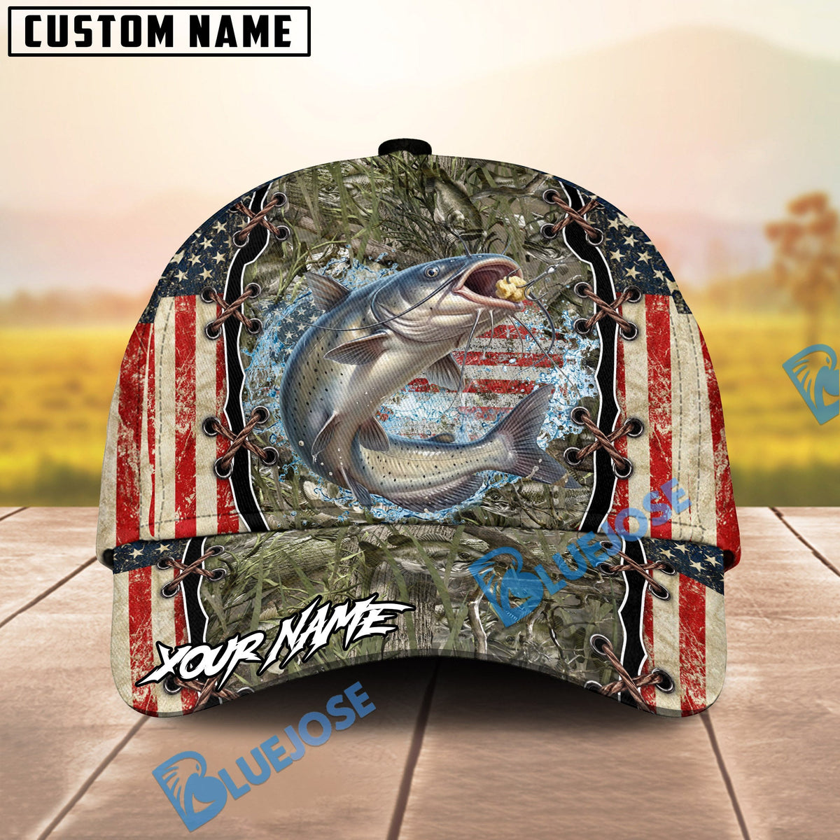 BlueJose Fishing Vintage USA Camo Design Personalized Name Classic 3D Cap (13 Breeds)