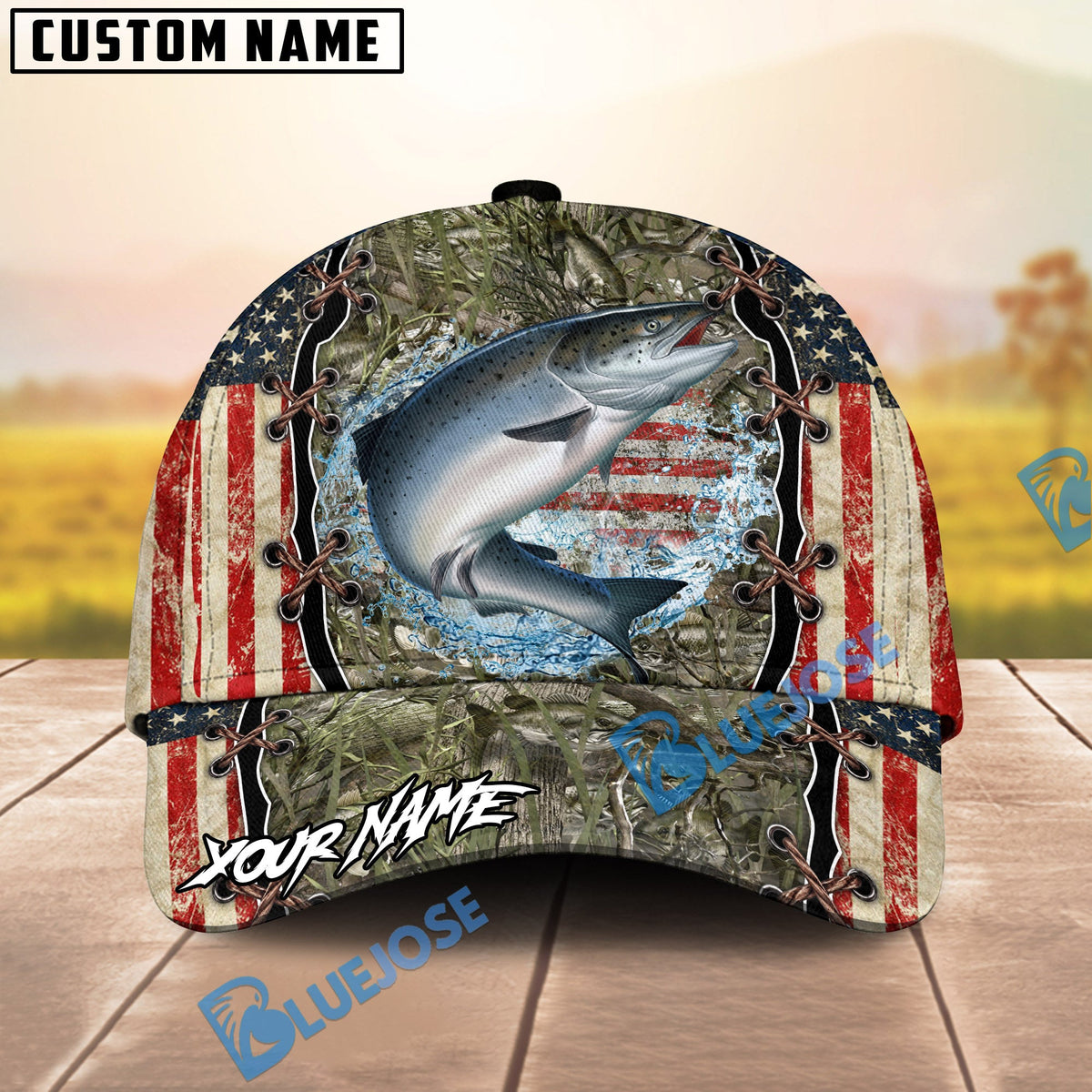 BlueJose Fishing Vintage USA Camo Design Personalized Name Classic 3D Cap (13 Breeds)