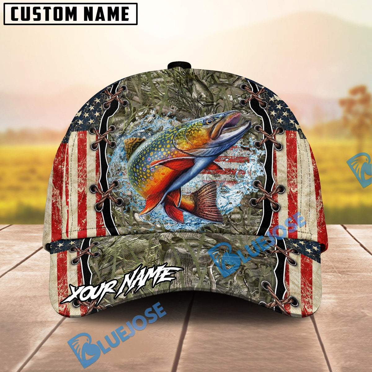 BlueJose Fishing Vintage USA Camo Design Personalized Name Classic 3D Cap (13 Breeds)