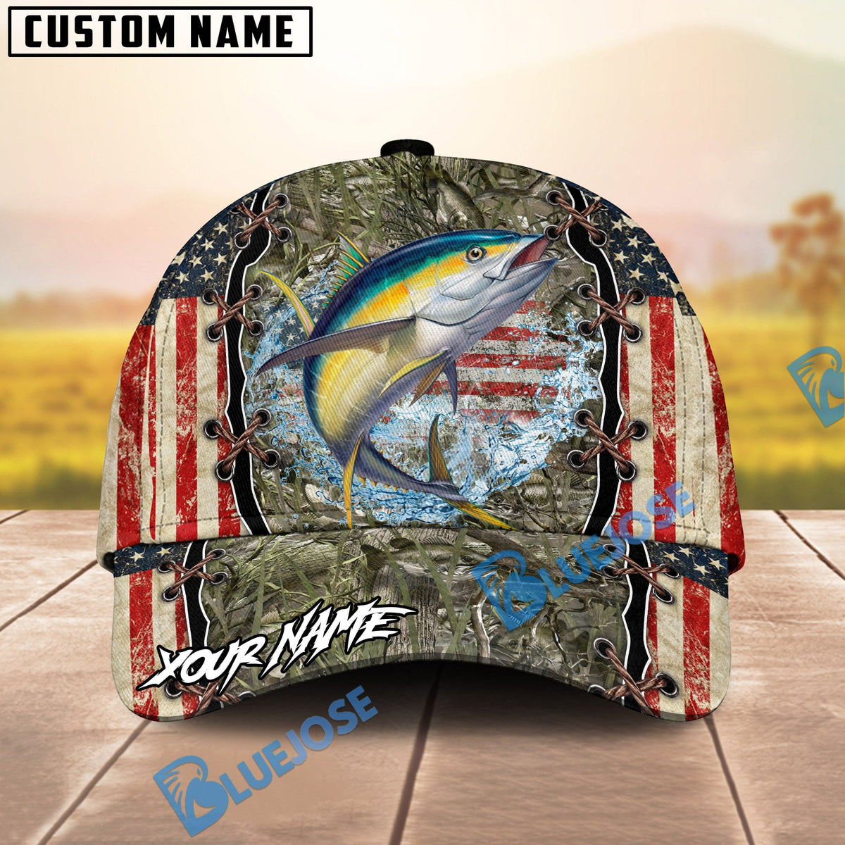 BlueJose Fishing Vintage USA Camo Design Personalized Name Classic 3D Cap (13 Breeds)