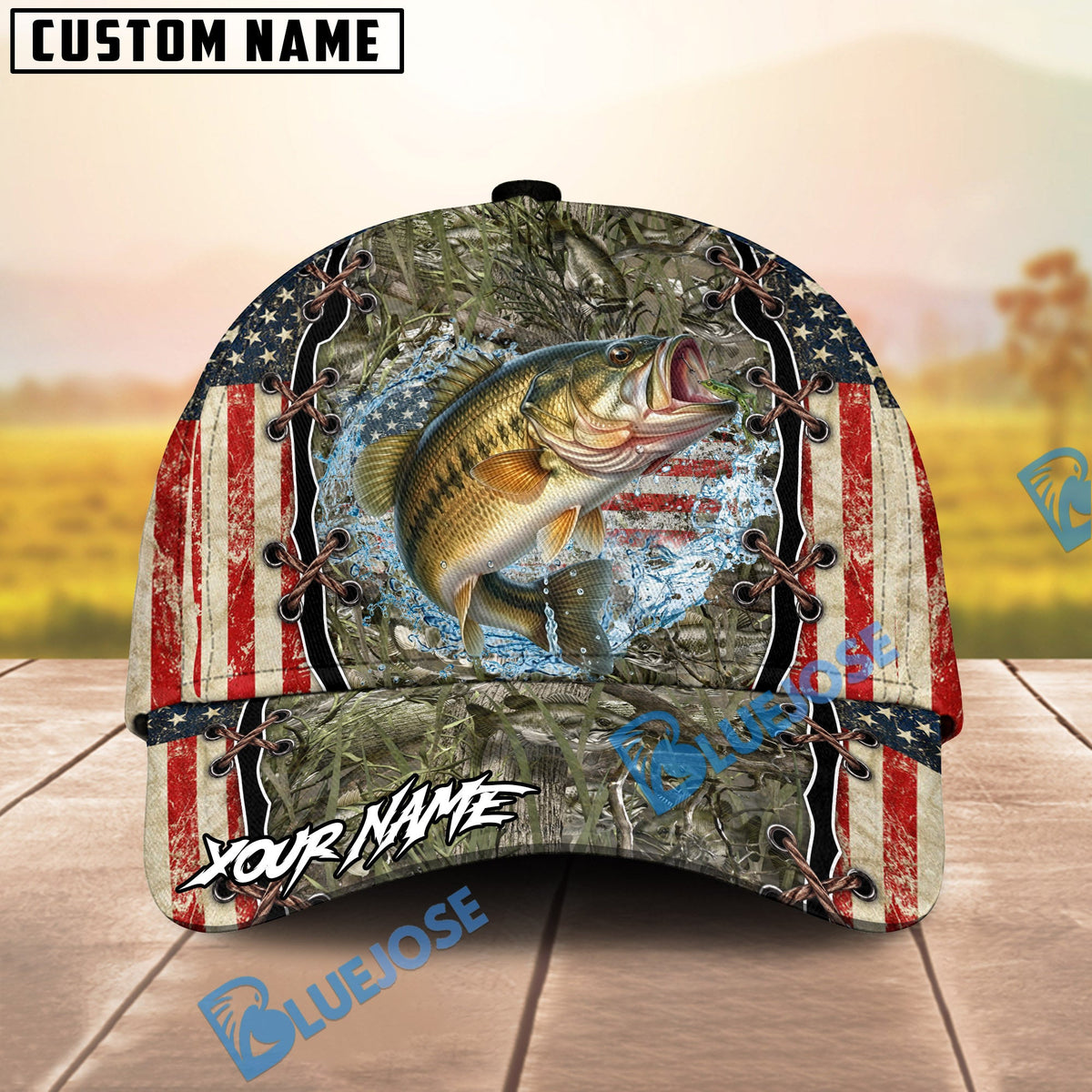 BlueJose Fishing Vintage USA Camo Design Personalized Name Classic 3D Cap (13 Breeds)