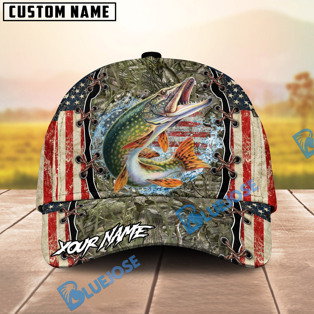 BlueJose Fishing Vintage USA Camo Design Personalized Name Classic 3D Cap (13 Breeds)