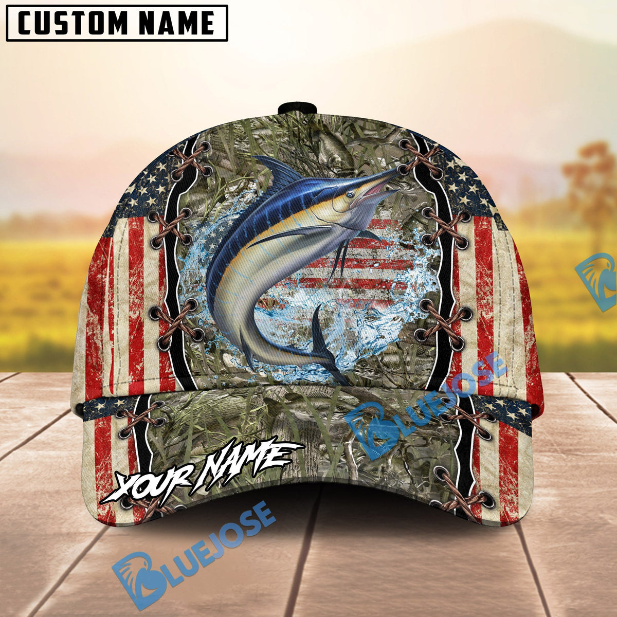 BlueJose Fishing Vintage USA Camo Design Personalized Name Classic 3D Cap (13 Breeds)