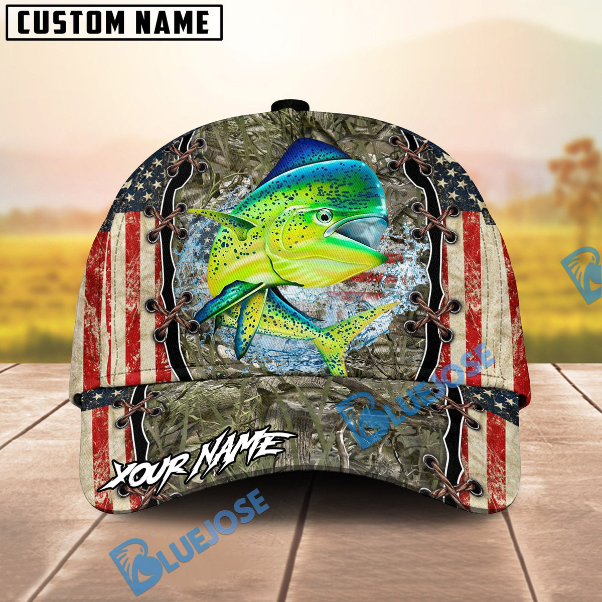 BlueJose Fishing Vintage USA Camo Design Personalized Name Classic 3D Cap (13 Breeds)