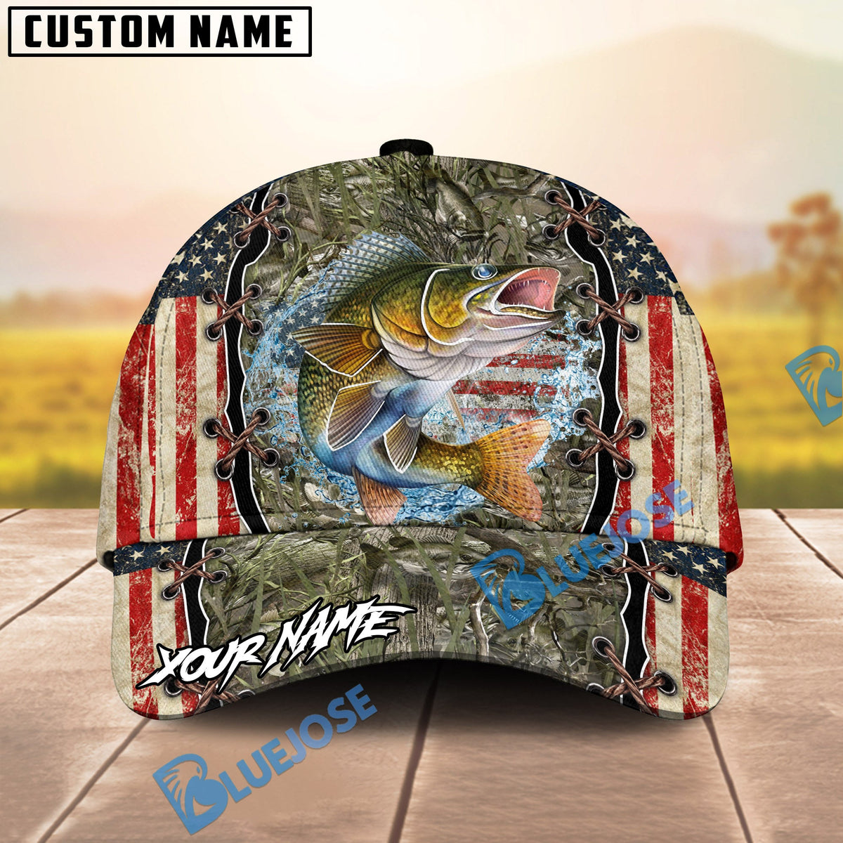 BlueJose Fishing Vintage USA Camo Design Personalized Name Classic 3D Cap (13 Breeds)
