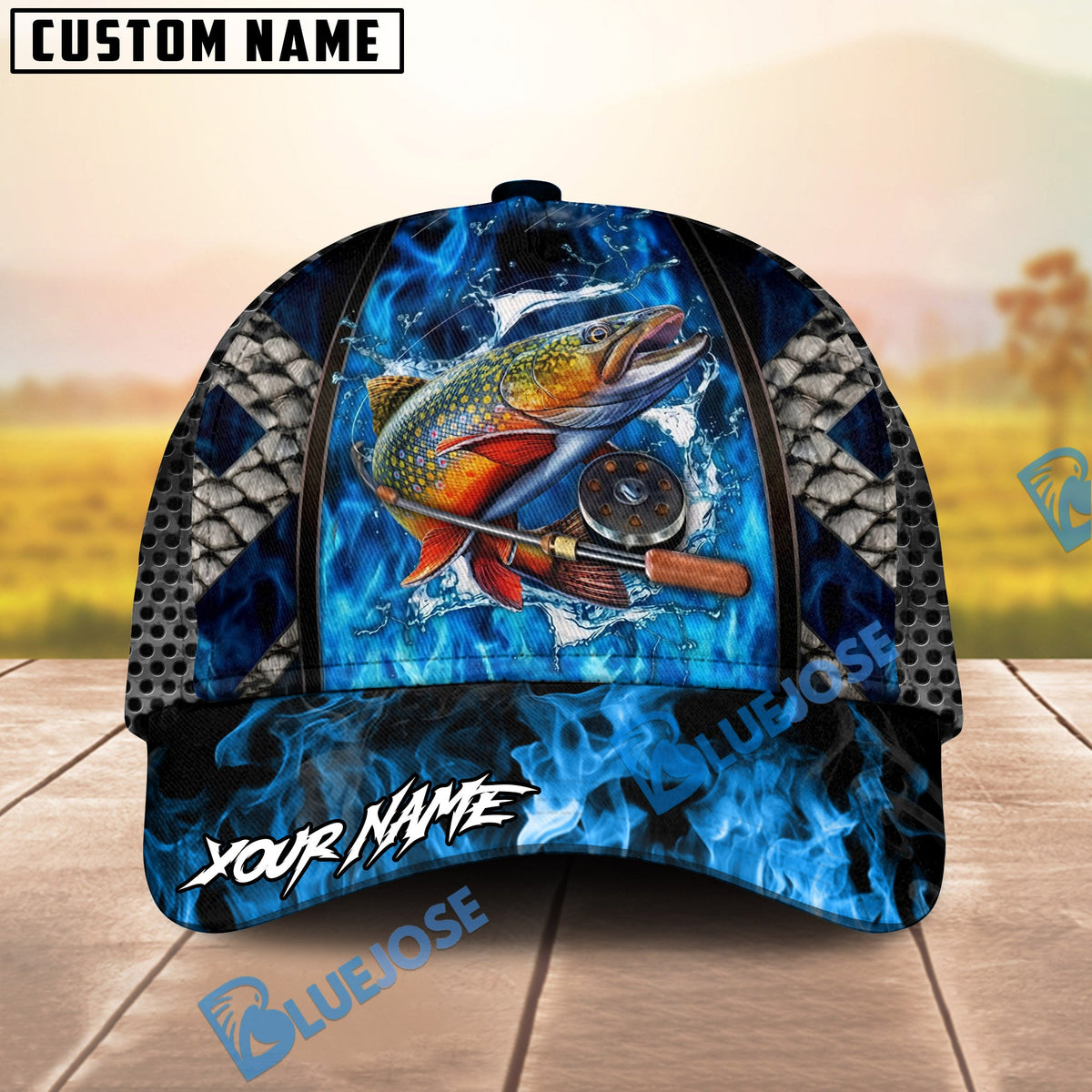 BlueJose Fishing Blue Flame Fishing Gear Design Personalized Name Classic 3D Cap (13 Breeds)