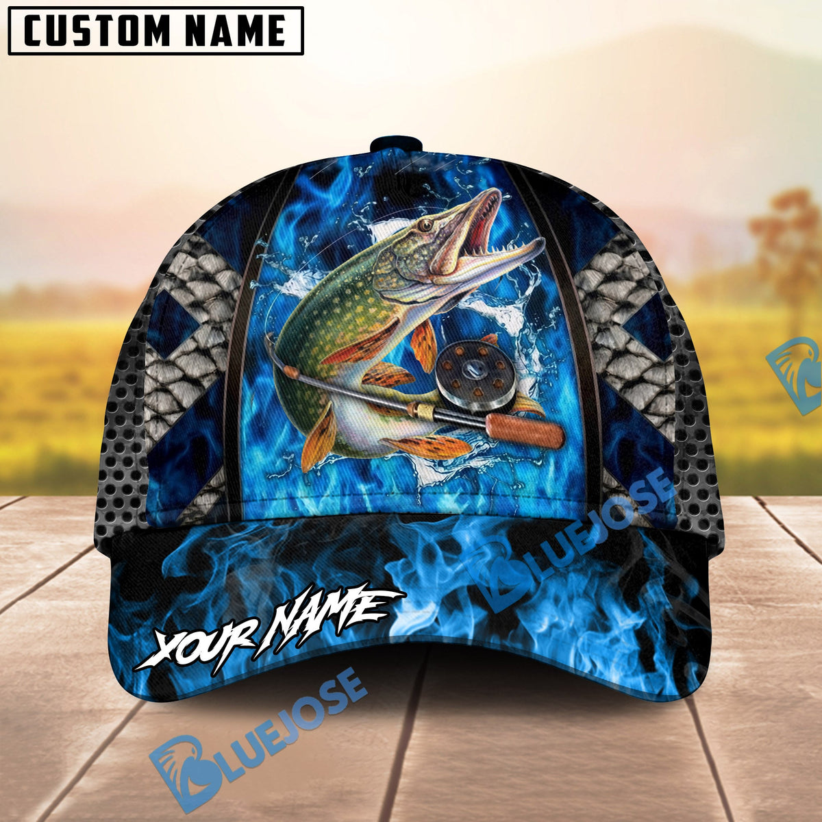 BlueJose Fishing Blue Flame Fishing Gear Design Personalized Name Classic 3D Cap (13 Breeds)