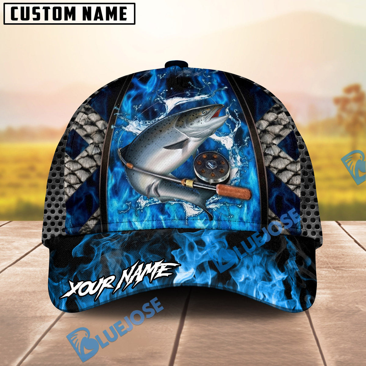 BlueJose Fishing Blue Flame Fishing Gear Design Personalized Name Classic 3D Cap (13 Breeds)