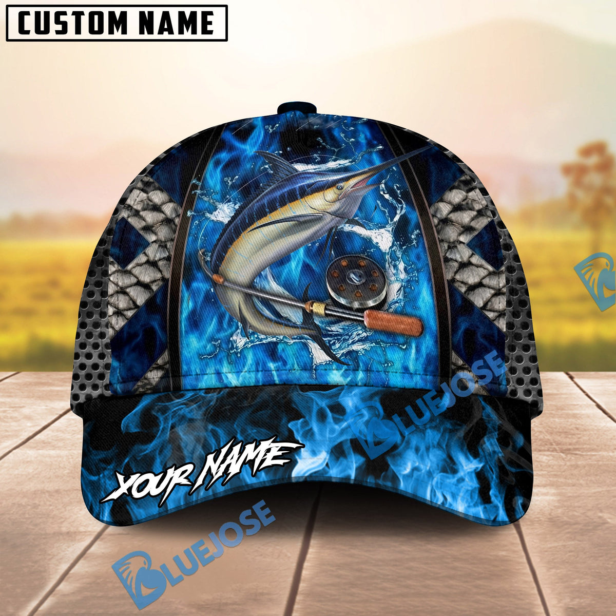 BlueJose Fishing Blue Flame Fishing Gear Design Personalized Name Classic 3D Cap (13 Breeds)