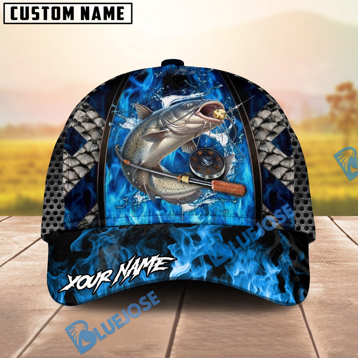 BlueJose Fishing Blue Flame Fishing Gear Design Personalized Name Classic 3D Cap (13 Breeds)