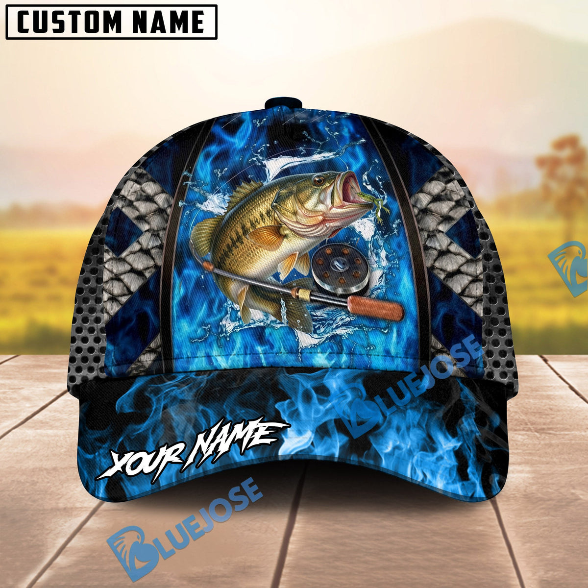BlueJose Fishing Blue Flame Fishing Gear Design Personalized Name Classic 3D Cap (13 Breeds)