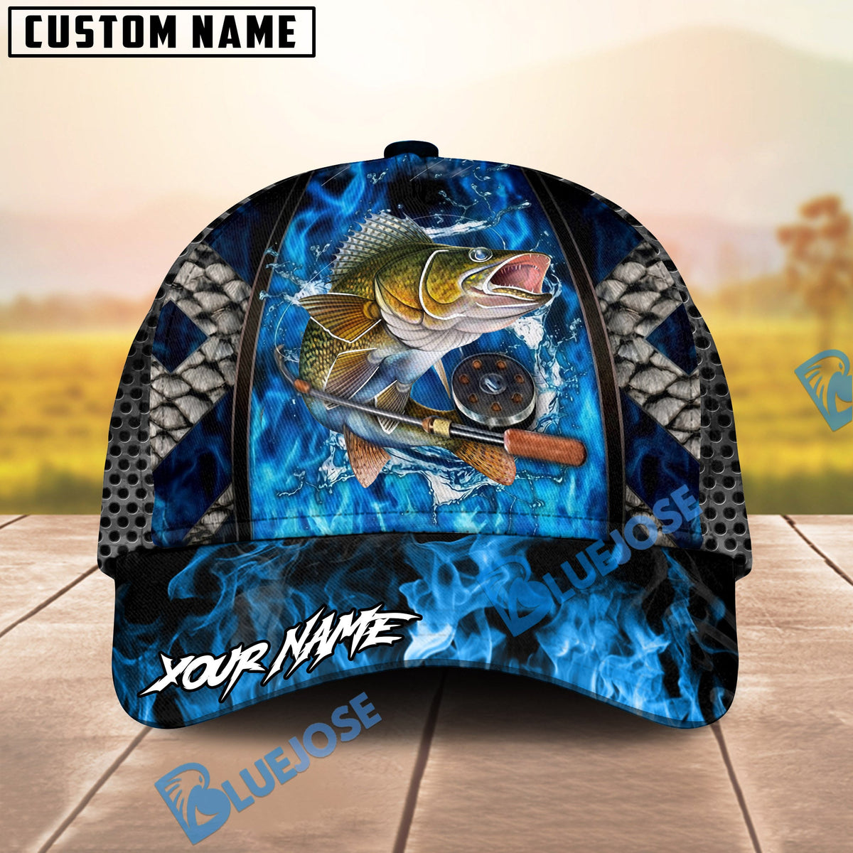BlueJose Fishing Blue Flame Fishing Gear Design Personalized Name Classic 3D Cap (13 Breeds)