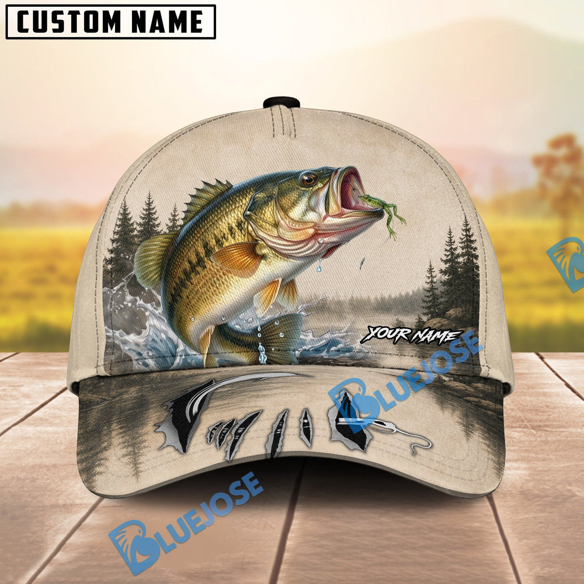 BlueJose Fishing Vintage Lake Scene Personalized Name Classic 3D Cap (13 Breeds)
