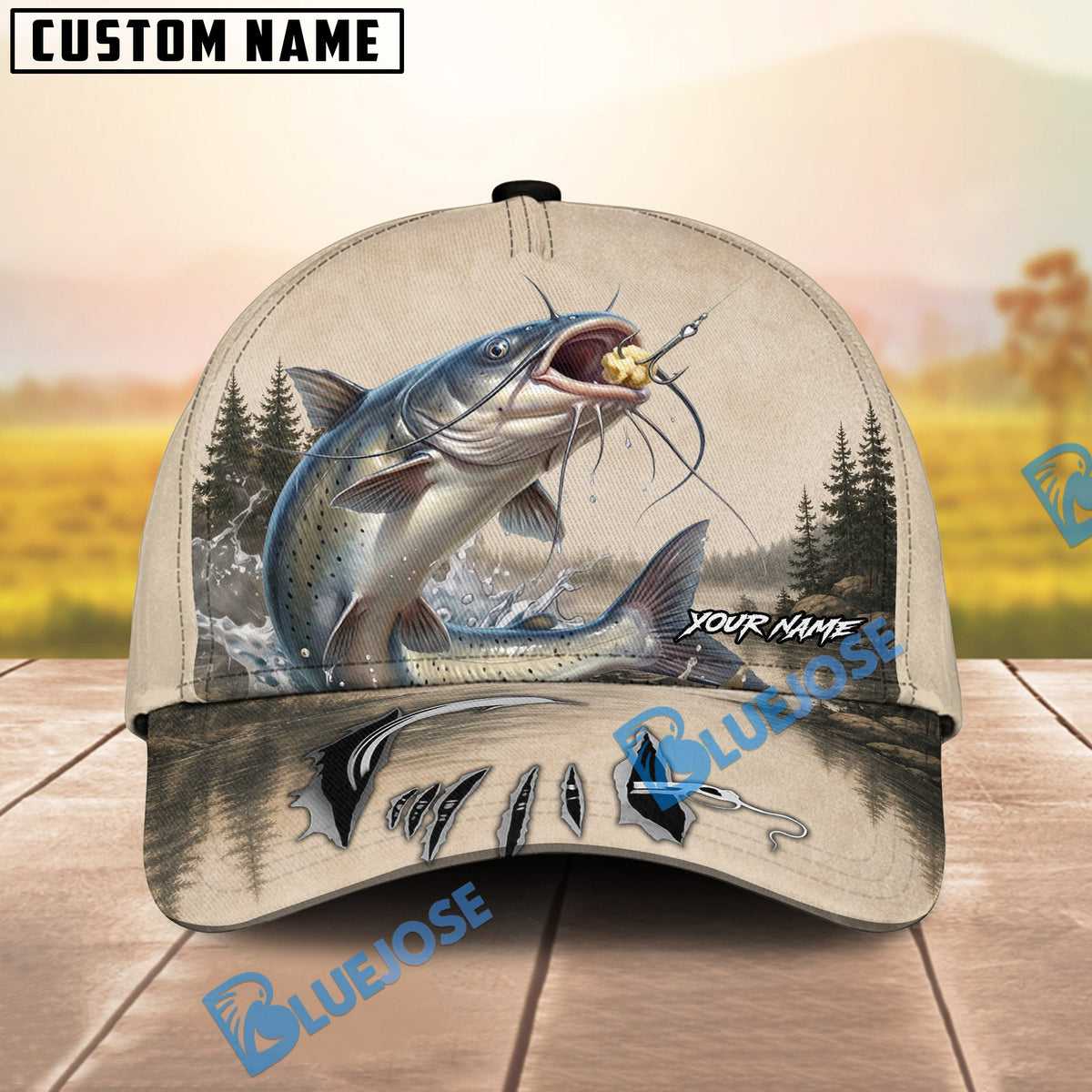 BlueJose Fishing Vintage Lake Scene Personalized Name Classic 3D Cap (13 Breeds)