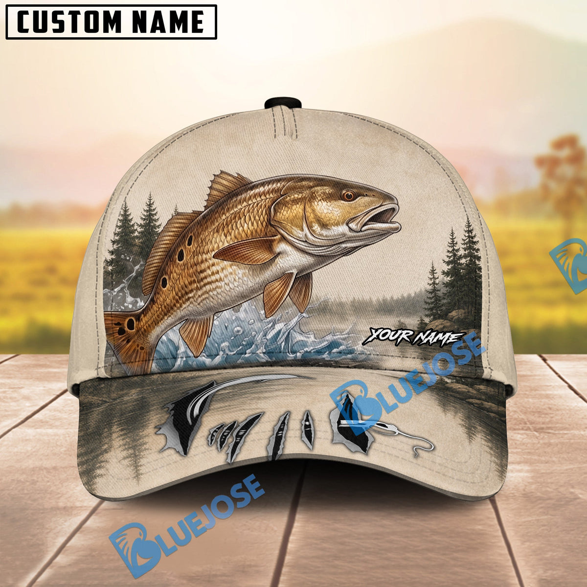 BlueJose Fishing Vintage Lake Scene Personalized Name Classic 3D Cap (13 Breeds)