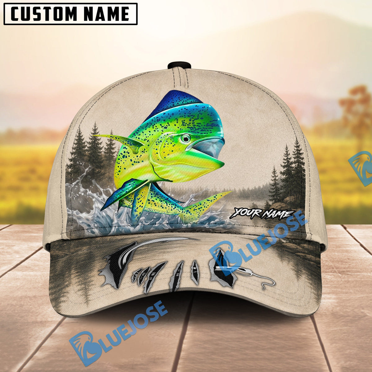 BlueJose Fishing Vintage Lake Scene Personalized Name Classic 3D Cap (13 Breeds)