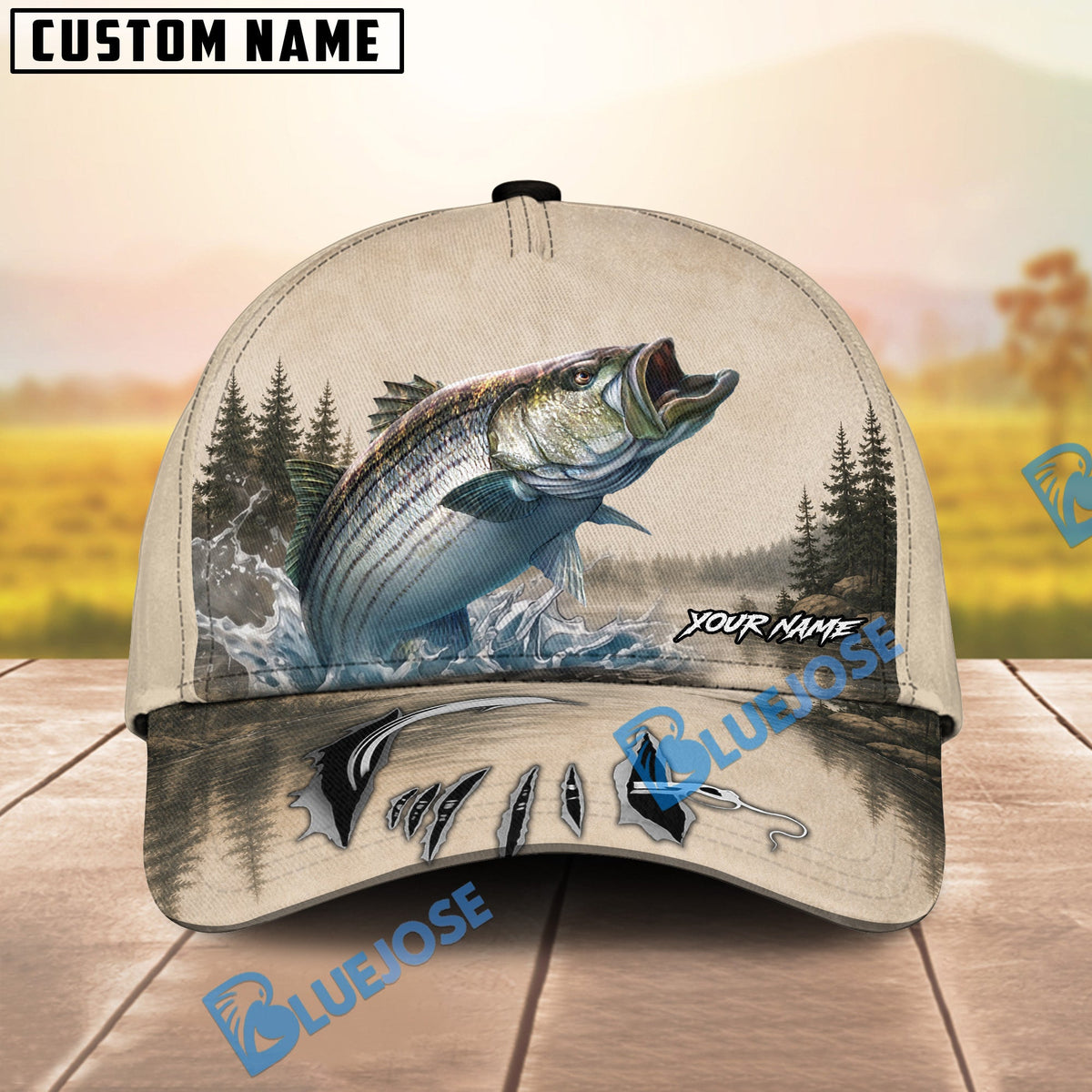 BlueJose Fishing Vintage Lake Scene Personalized Name Classic 3D Cap (13 Breeds)