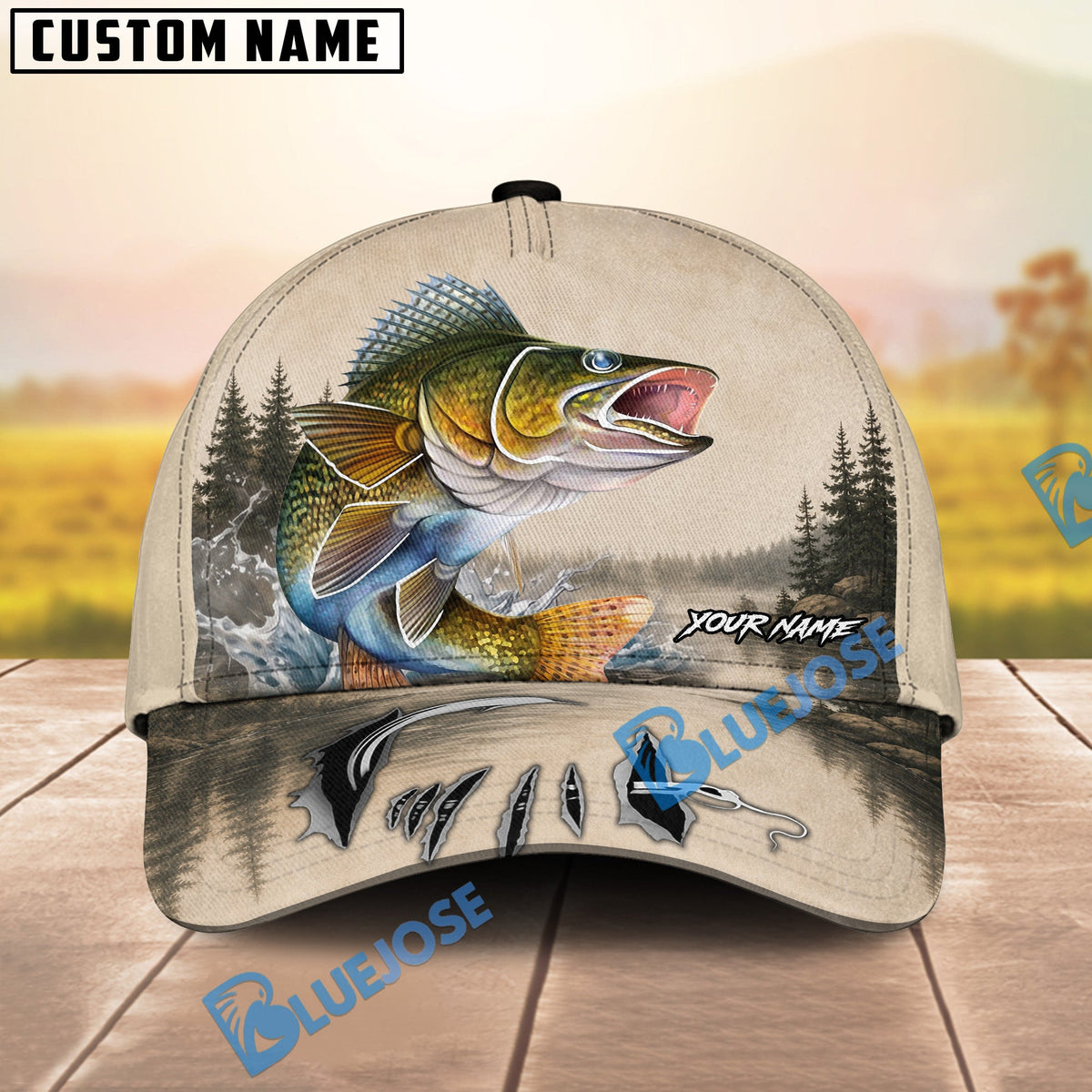 BlueJose Fishing Vintage Lake Scene Personalized Name Classic 3D Cap (13 Breeds)