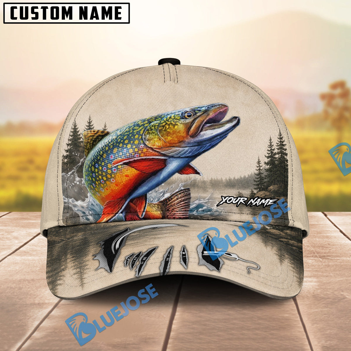 BlueJose Fishing Vintage Lake Scene Personalized Name Classic 3D Cap (13 Breeds)