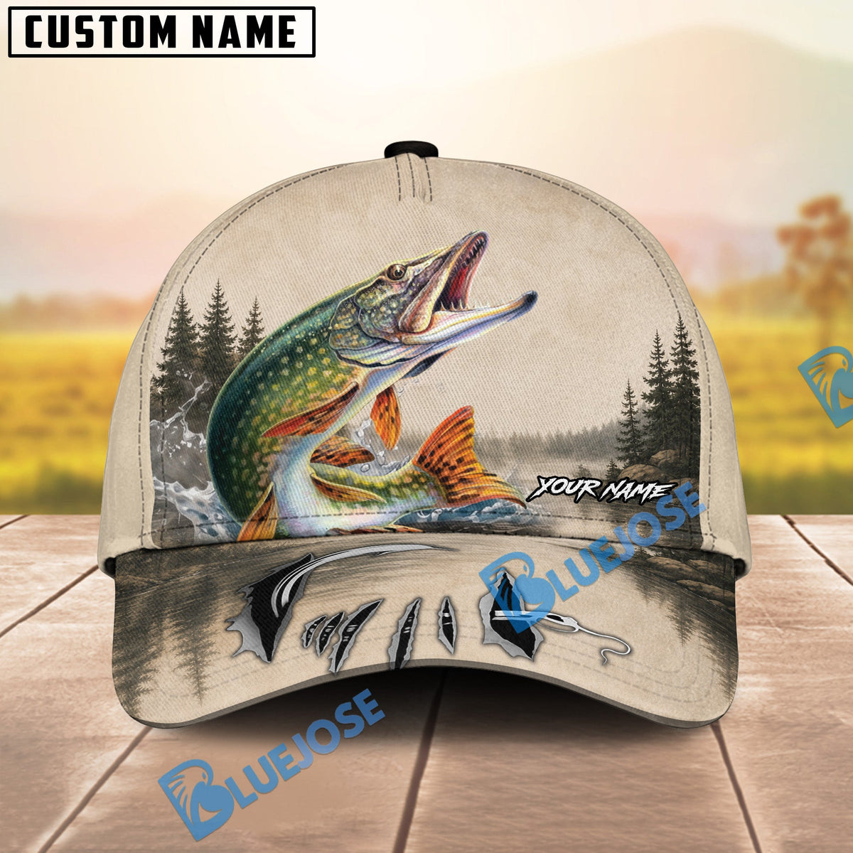 BlueJose Fishing Vintage Lake Scene Personalized Name Classic 3D Cap (13 Breeds)