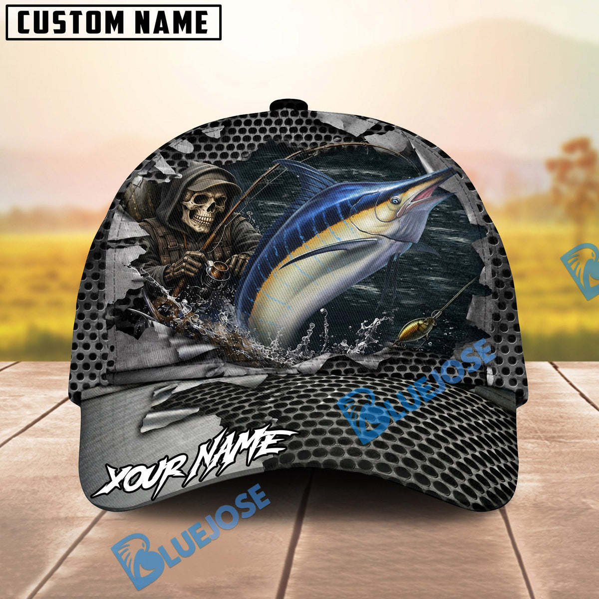 BlueJose Fishing Skull Angler Torn Metal Personalized Name Classic 3D Cap (13 Breeds)