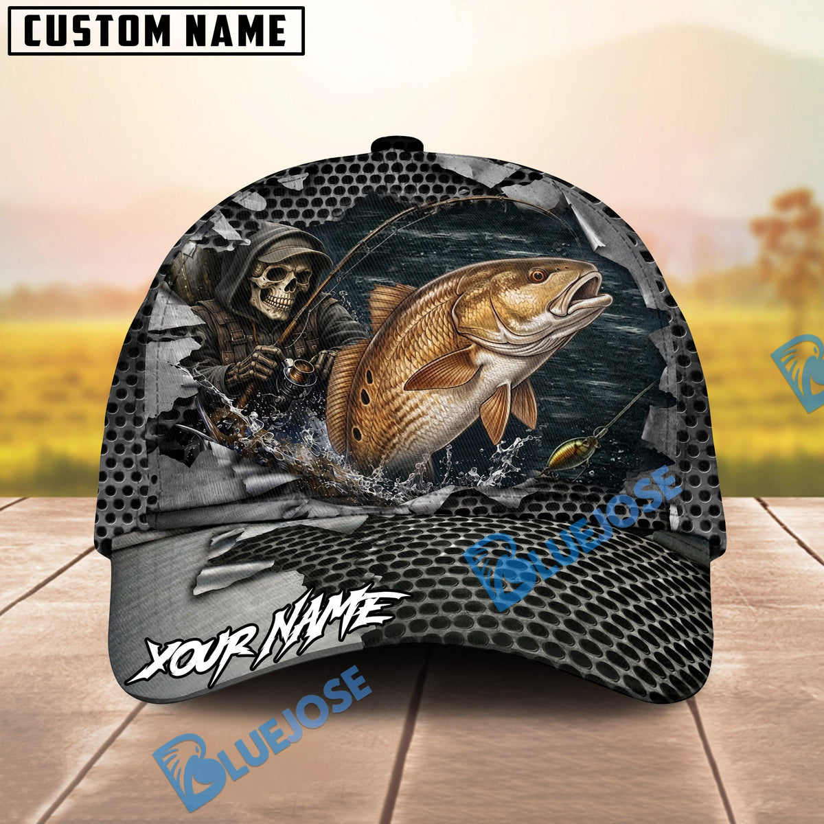 BlueJose Fishing Skull Angler Torn Metal Personalized Name Classic 3D Cap (13 Breeds)
