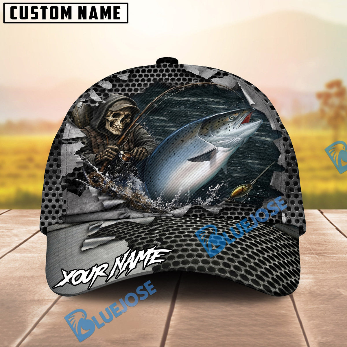 BlueJose Fishing Skull Angler Torn Metal Personalized Name Classic 3D Cap (13 Breeds)