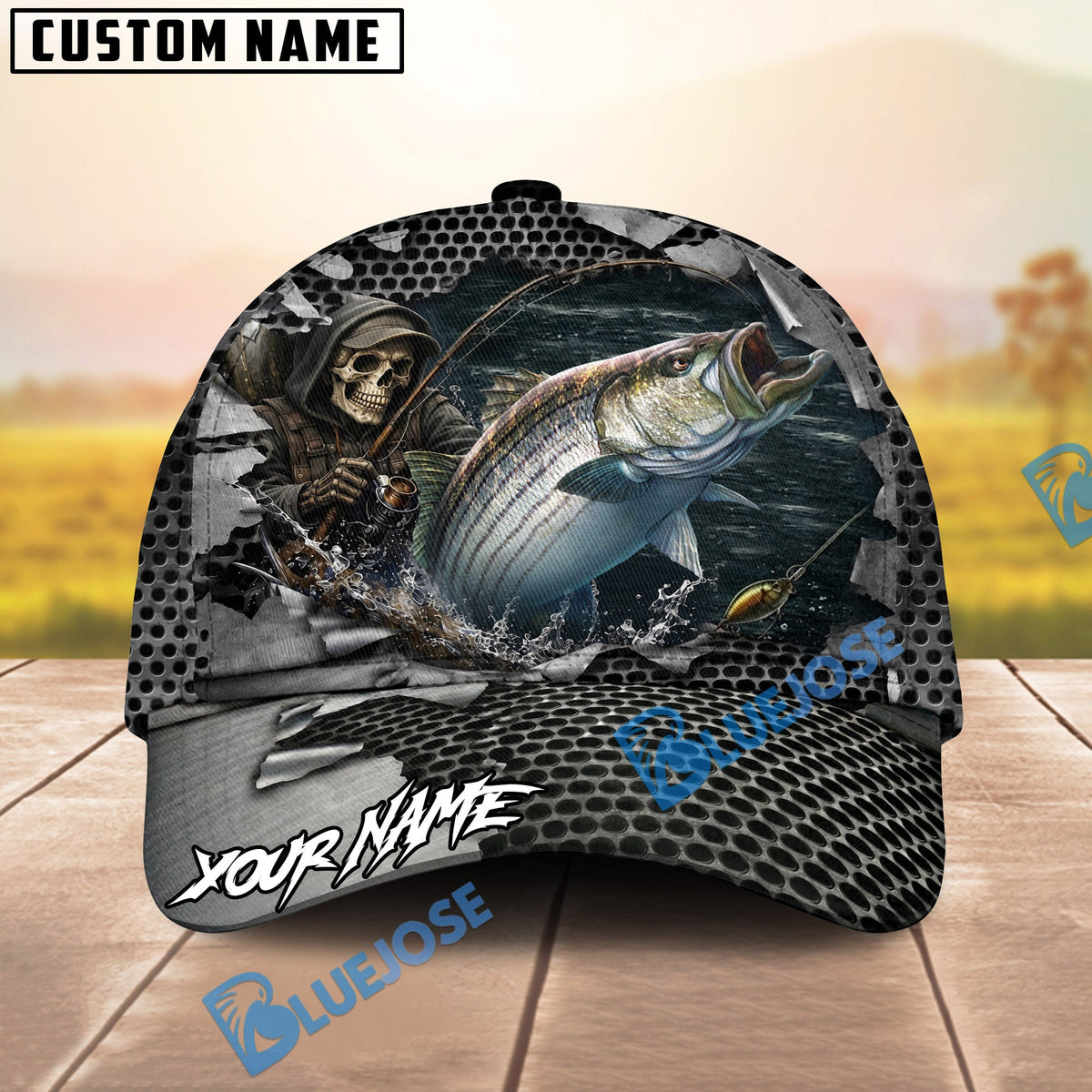 BlueJose Fishing Skull Angler Torn Metal Personalized Name Classic 3D Cap (13 Breeds)