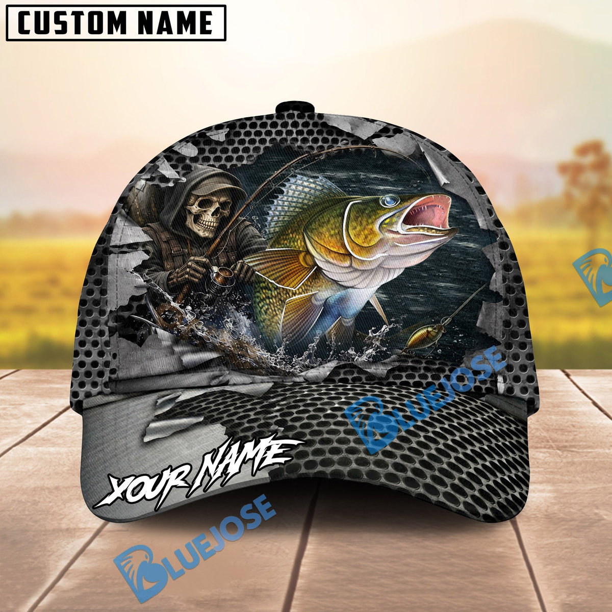 BlueJose Fishing Skull Angler Torn Metal Personalized Name Classic 3D Cap (13 Breeds)