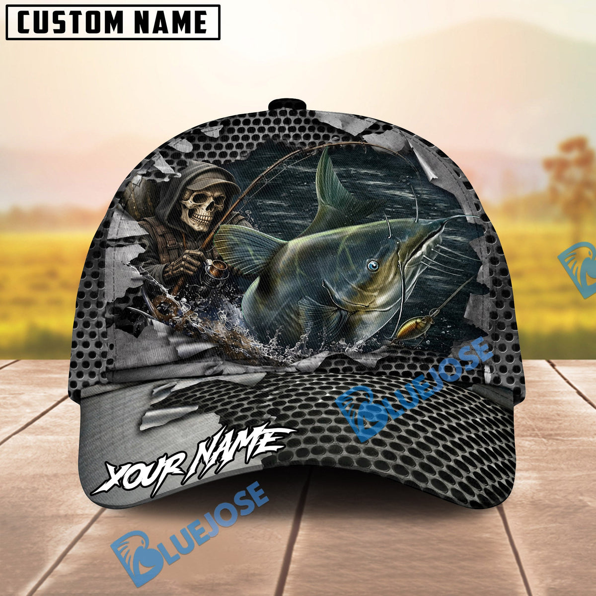 BlueJose Fishing Skull Angler Torn Metal Personalized Name Classic 3D Cap (13 Breeds)