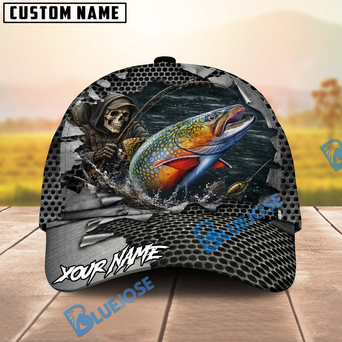 BlueJose Fishing Skull Angler Torn Metal Personalized Name Classic 3D Cap (13 Breeds)