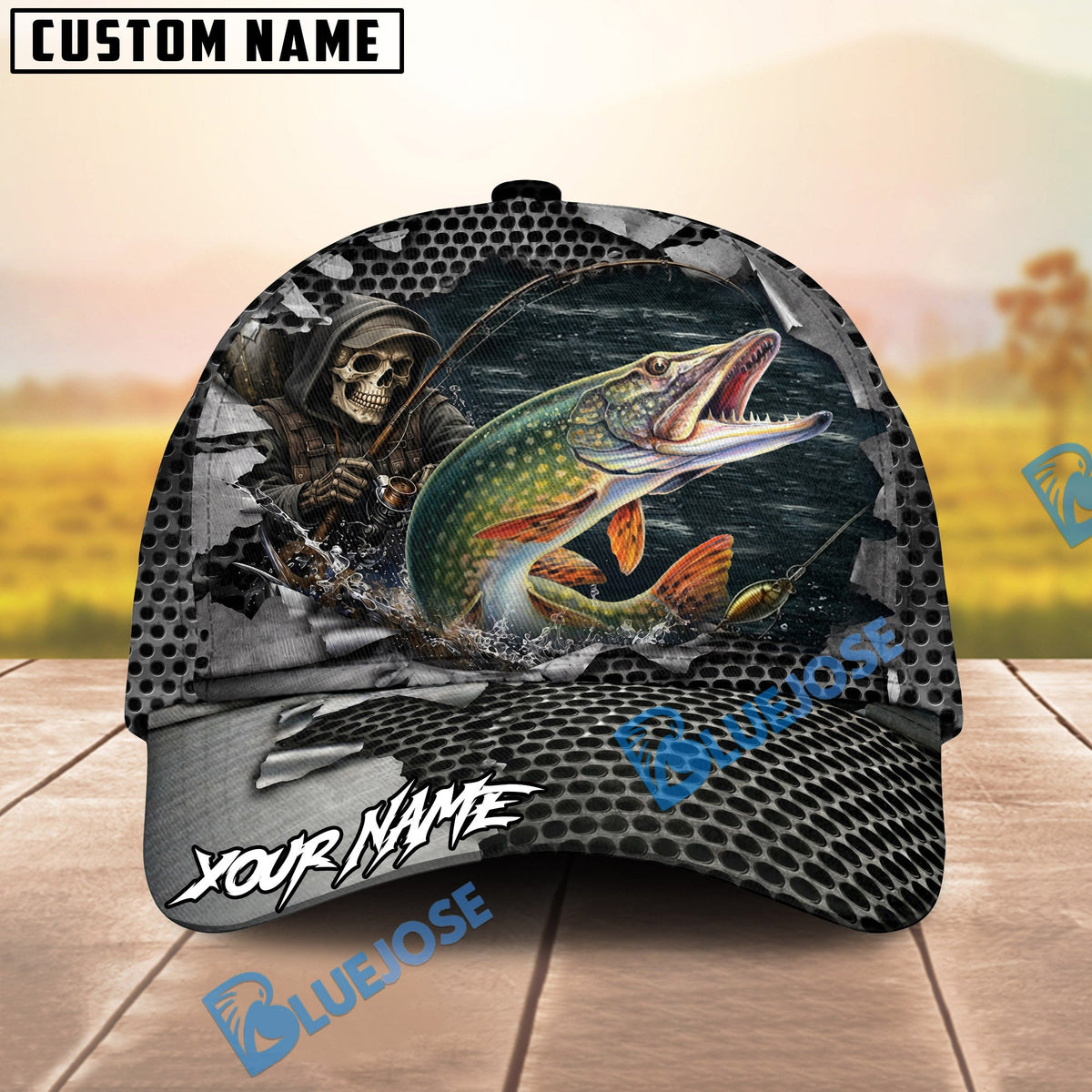 BlueJose Fishing Skull Angler Torn Metal Personalized Name Classic 3D Cap (13 Breeds)