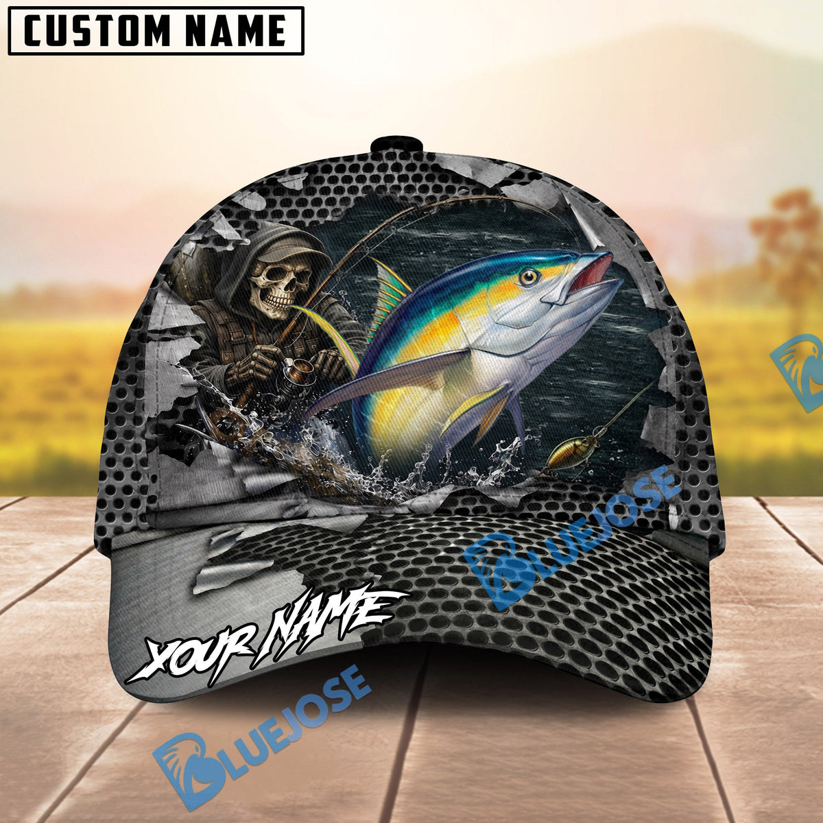 BlueJose Fishing Skull Angler Torn Metal Personalized Name Classic 3D Cap (13 Breeds)