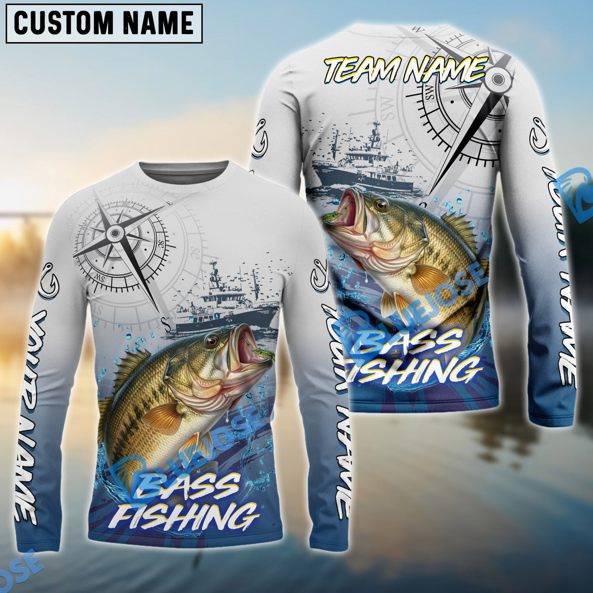 BlueJose Bass Fishing Realistic Fish Compass Anchor Pattern New Custom Name & Team Name 3D Shirts