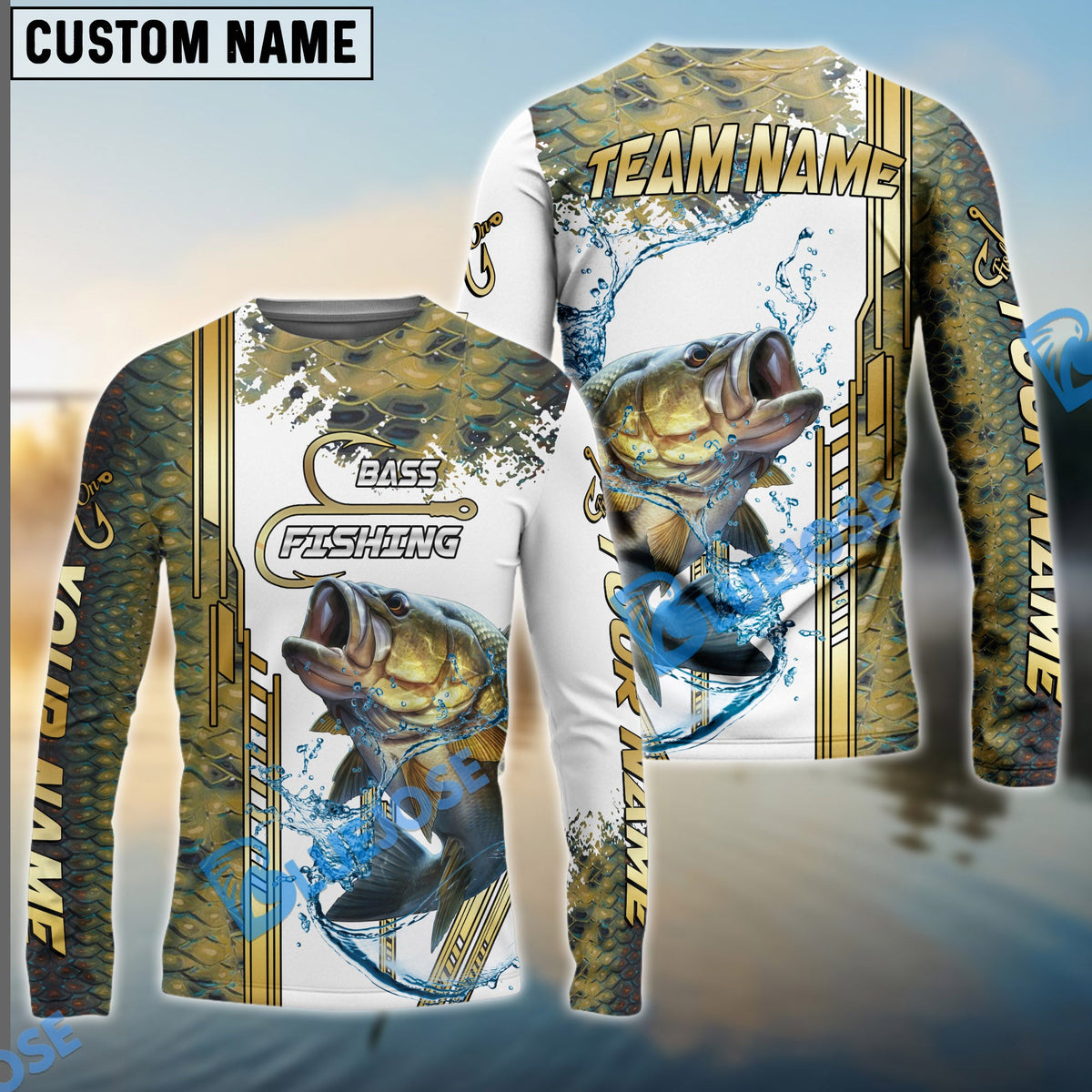 BlueJose Bass Fishing Skinfish Golden Line Pattern New Custom Name & Team Name 3D Shirts