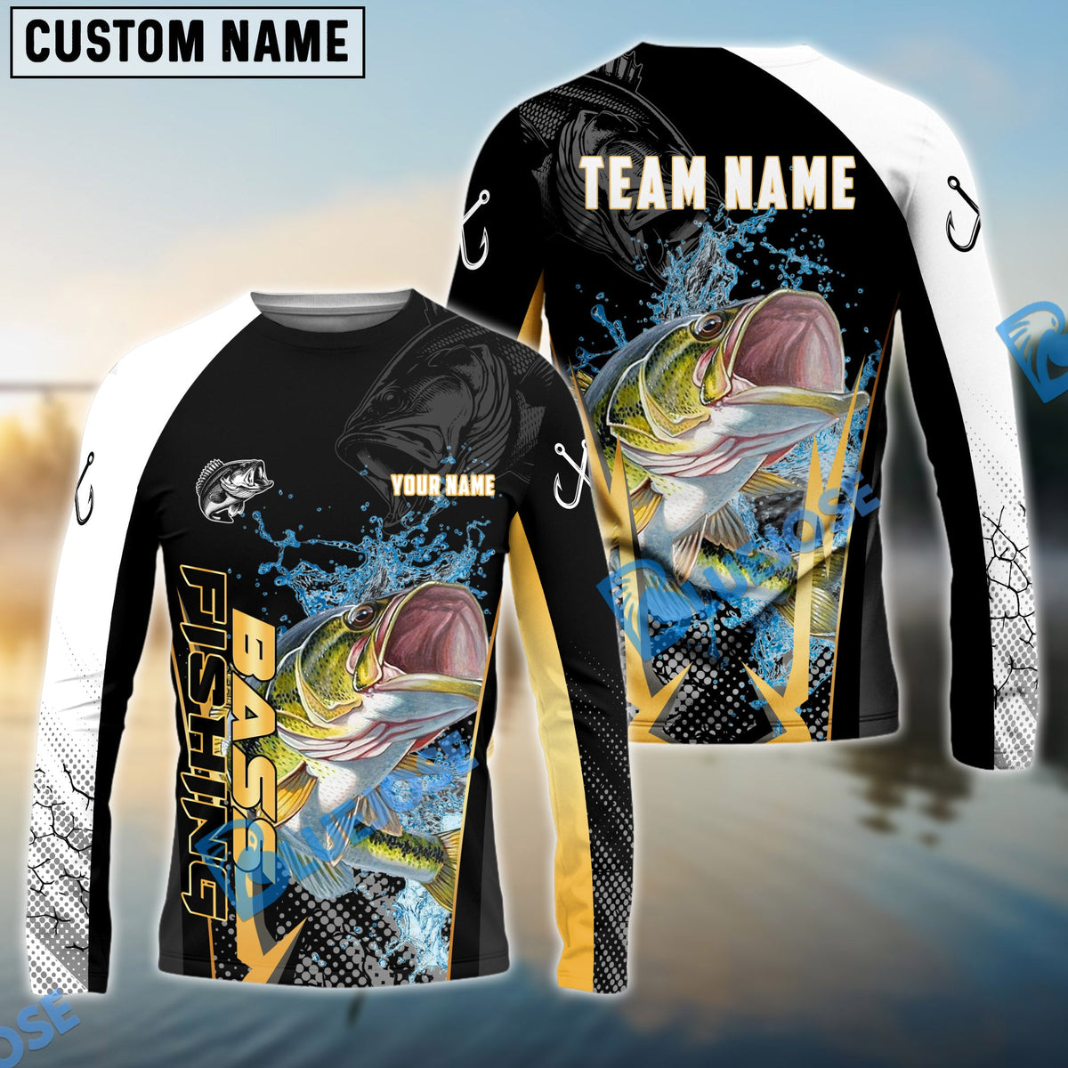 BlueJose Bass Fishing Black Gold Design Pattern New Custom Name & Team Name 3D Shirts