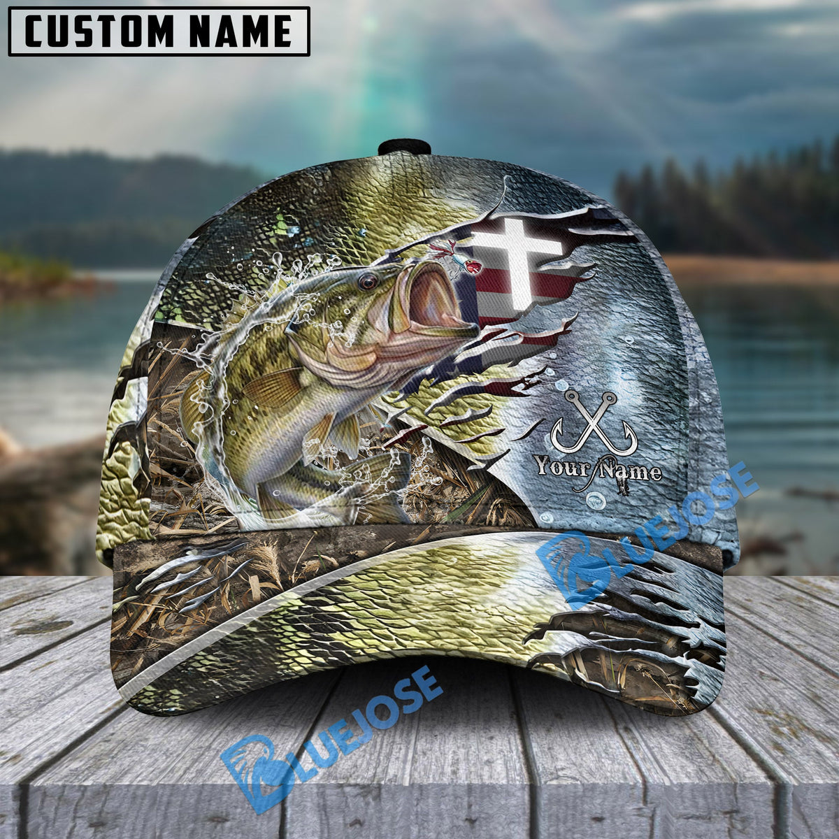 BlueJose Bass Fishing American Flag & Cross Design with Camo Personalized Cap