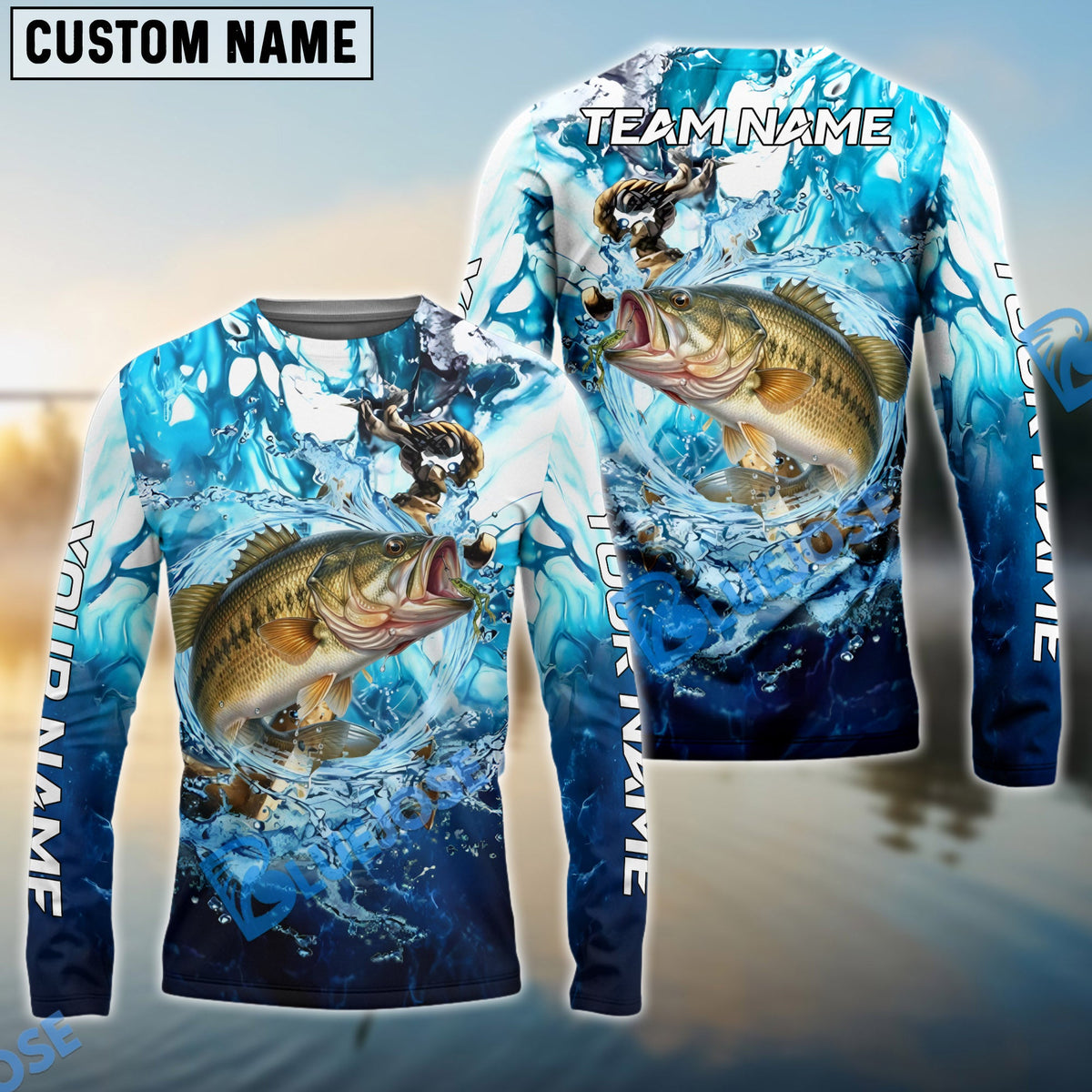 BlueJose Bass Fishing Marble Tide Catch Name & Team Name 3D Shirts