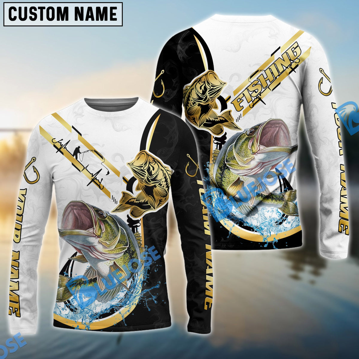 BlueJose Bass Fishing Black Golden Hook Name & Team Name 3D Shirts