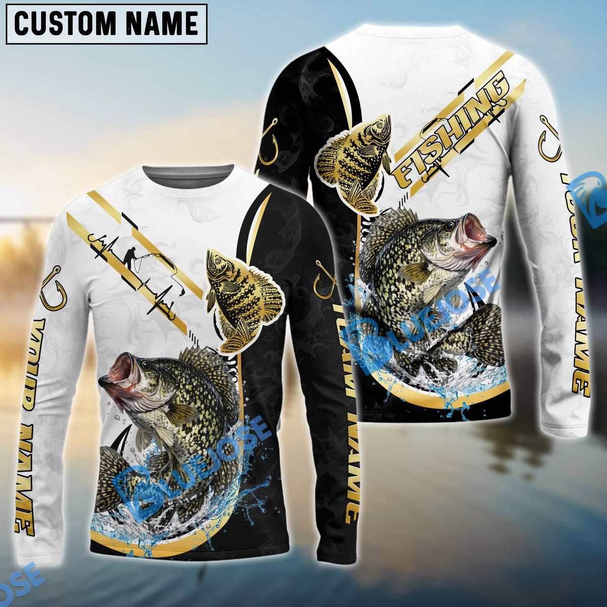 BlueJose Crappie Fishing Black Golden Hook Name & Team Name 3D Shirts