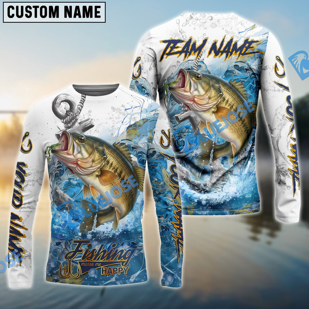 BlueJose Bass Fishing Anchor Ocean Splash Design Name & Team Name 3D Shirts