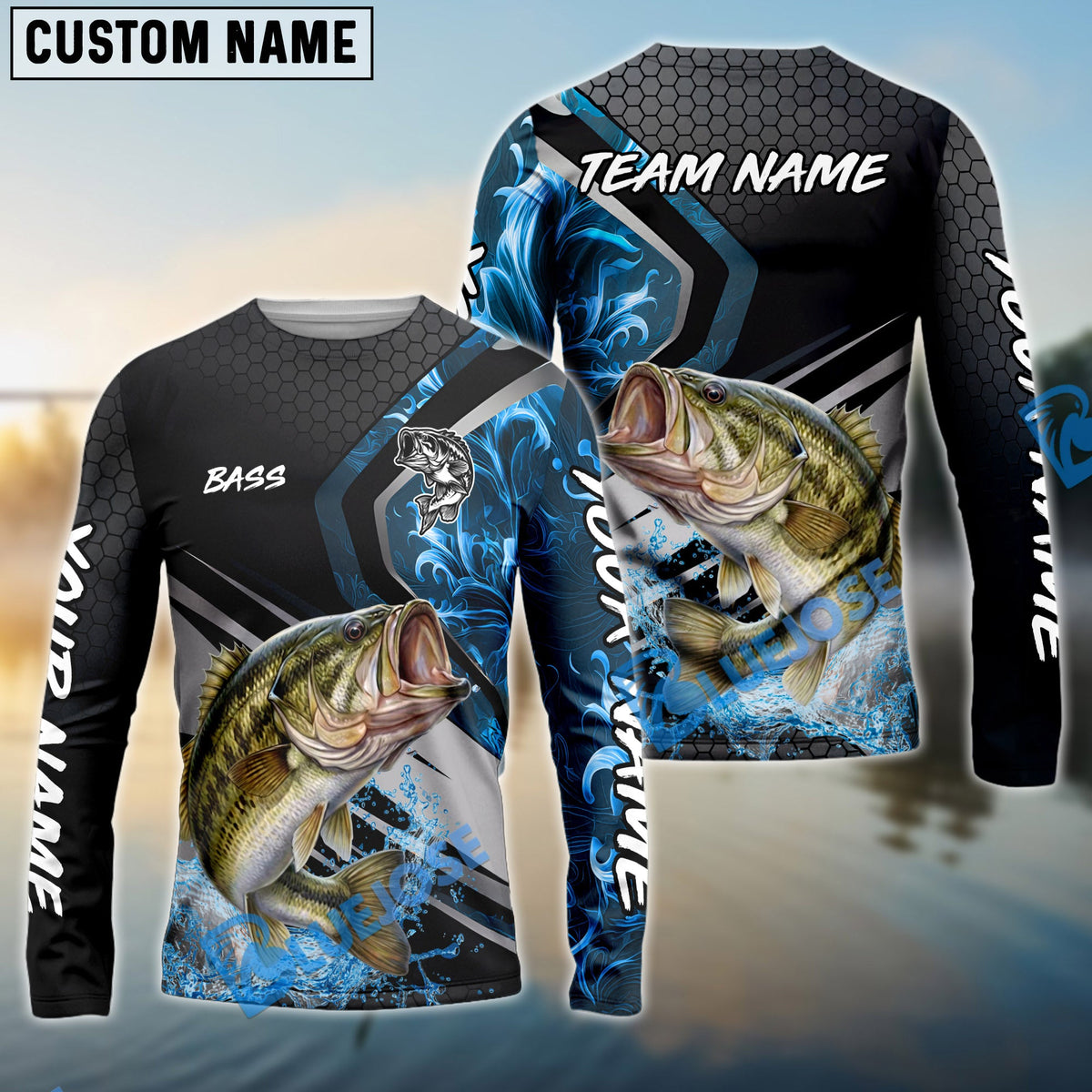 BlueJose New Bass Fishing Smoke Premium Custom Name & Team Name 3D Shirts (2 Colors)