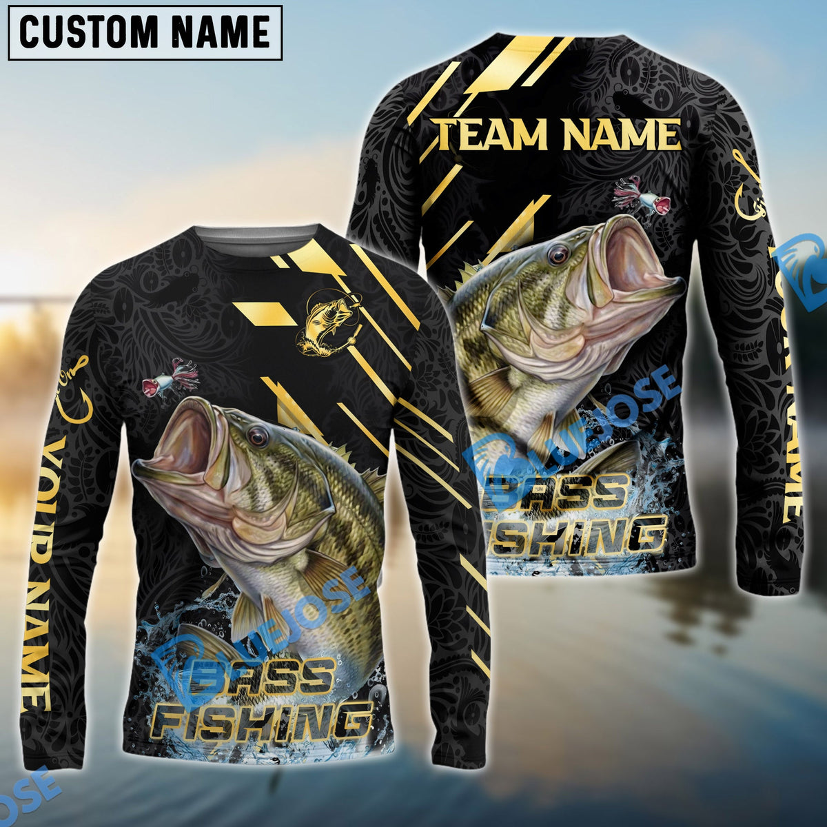 BlueJose Bass Fishing Gold Black Pattern Design Name & Team Name 3D Shirts
