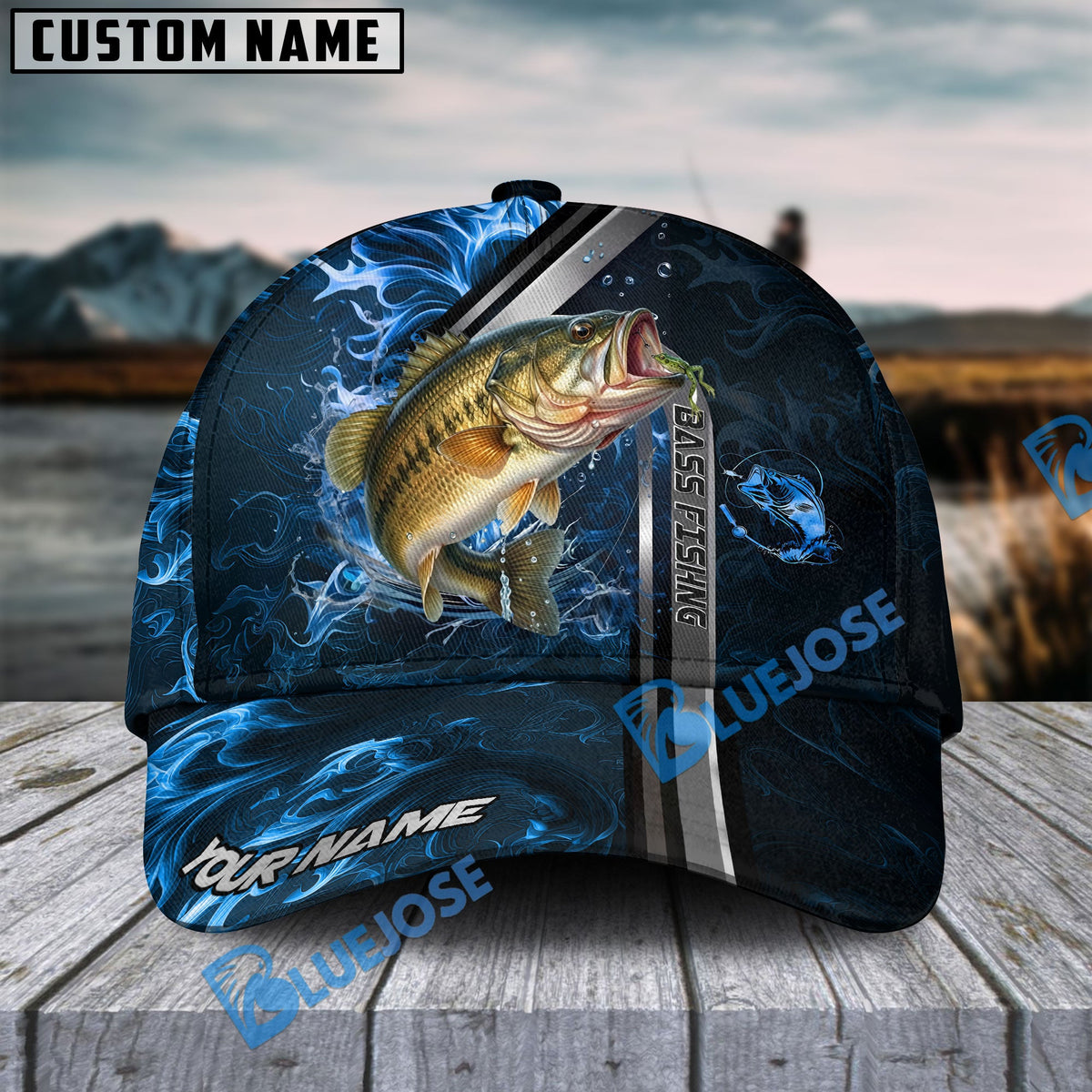 BlueJose Bass Fishing Ocean Wave Power Personalized Cap