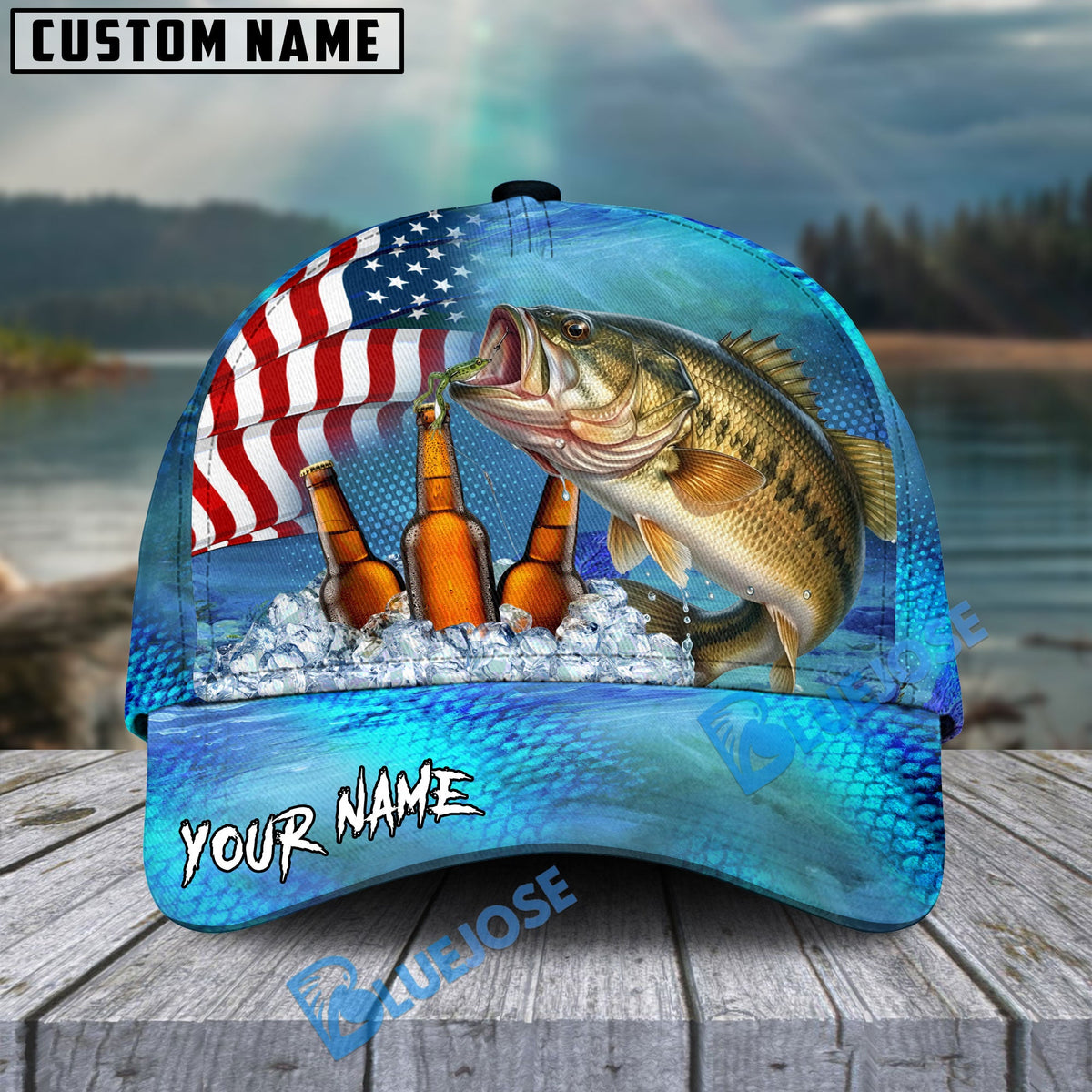 BlueJose Bass Fishing Beer USA Flag Personalized Cap